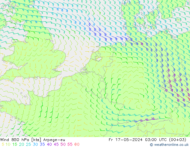 Vento 850 hPa Arpege-eu Sex 17.05.2024 03 UTC