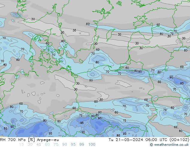 RH 700 hPa Arpege-eu  21.05.2024 06 UTC