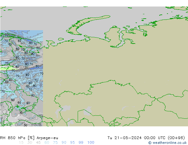 RH 850 hPa Arpege-eu Út 21.05.2024 00 UTC
