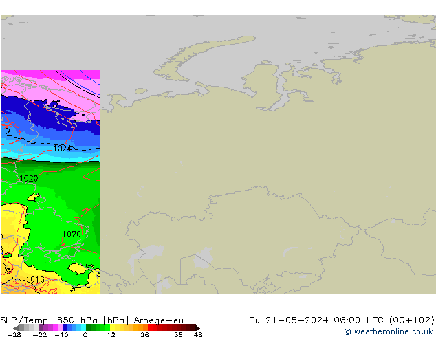 850 hPa Yer Bas./Sıc Arpege-eu Sa 21.05.2024 06 UTC