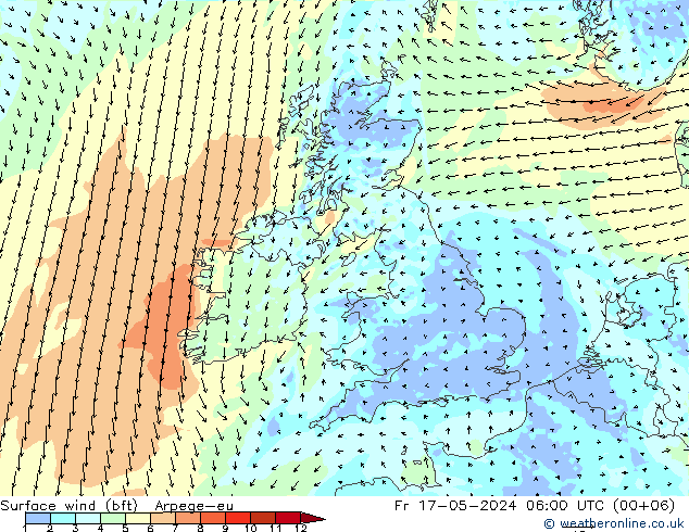 Wind 10 m (bft) Arpege-eu vr 17.05.2024 06 UTC