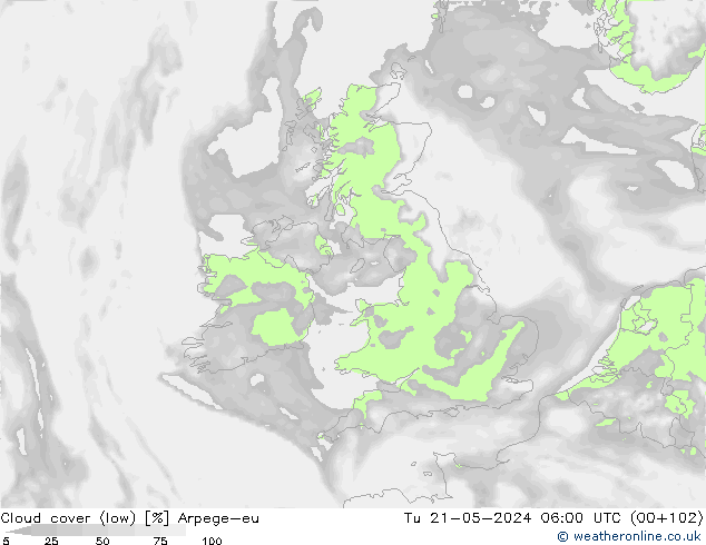 Cloud cover (low) Arpege-eu Tu 21.05.2024 06 UTC