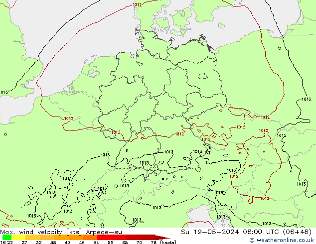 Max. wind snelheid Arpege-eu zo 19.05.2024 06 UTC