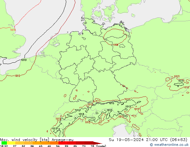 Max. wind velocity Arpege-eu Su 19.05.2024 21 UTC