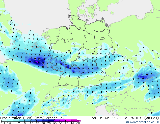 Totale neerslag (12h) Arpege-eu za 18.05.2024 06 UTC