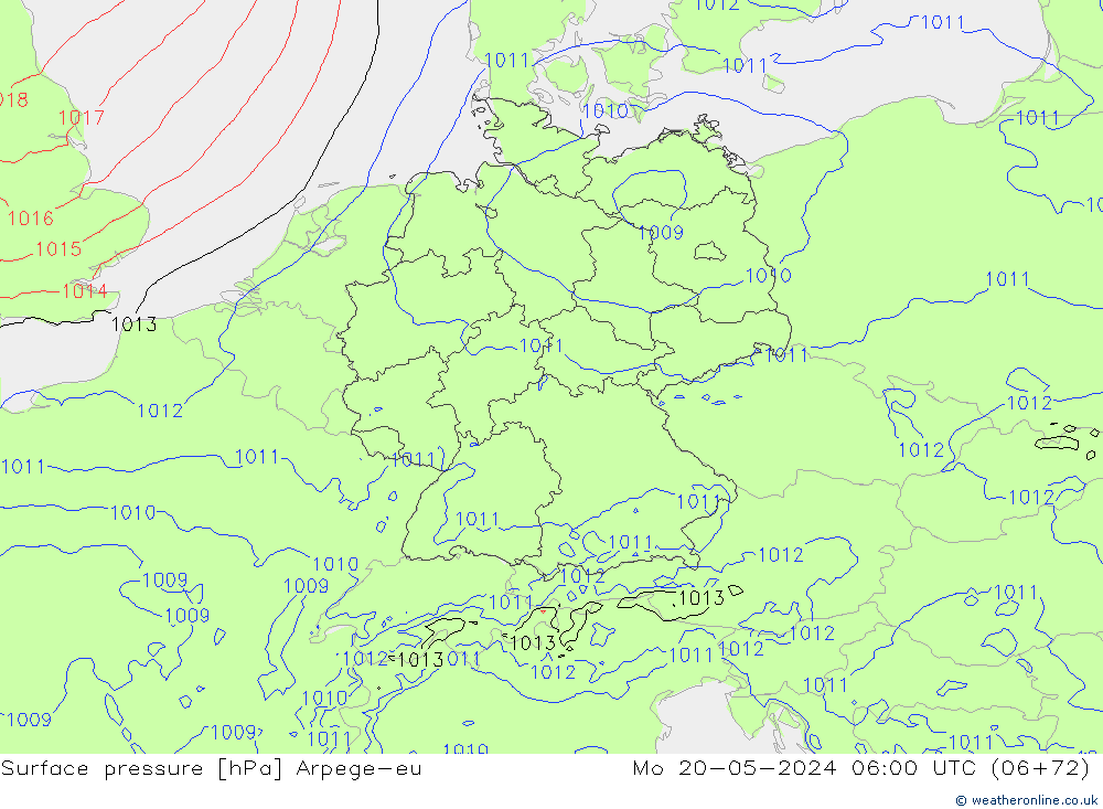 Surface pressure Arpege-eu Mo 20.05.2024 06 UTC