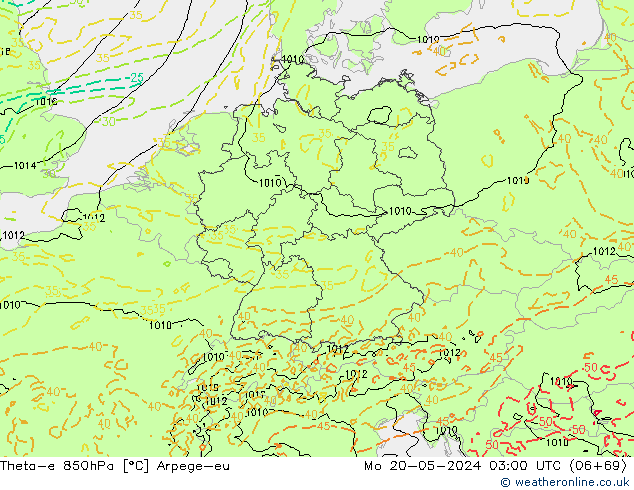 Theta-e 850hPa Arpege-eu Mo 20.05.2024 03 UTC