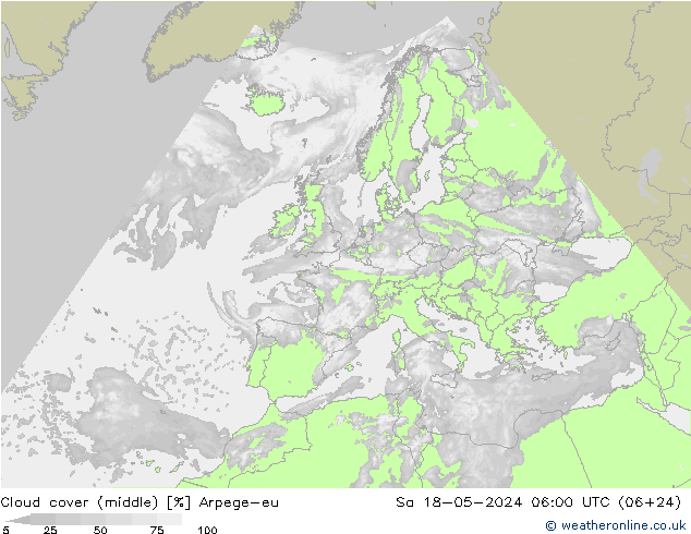 Cloud cover (middle) Arpege-eu Sa 18.05.2024 06 UTC