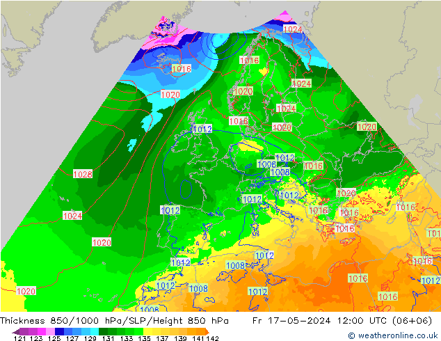 Dikte 850-1000 hPa Arpege-eu vr 17.05.2024 12 UTC