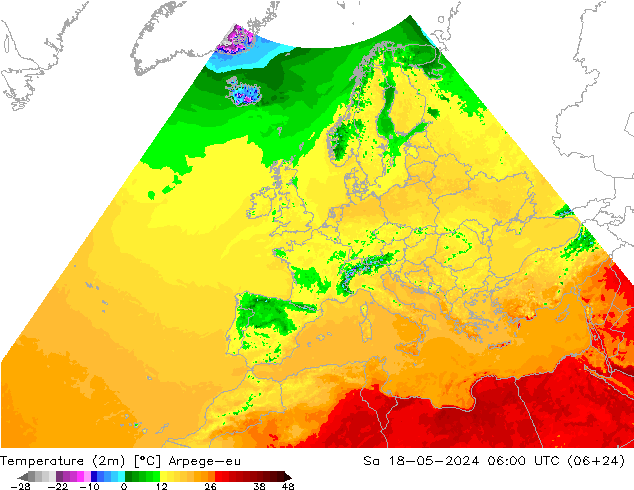Temperaturkarte (2m) Arpege-eu Sa 18.05.2024 06 UTC