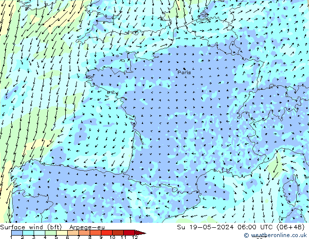Surface wind (bft) Arpege-eu Su 19.05.2024 06 UTC