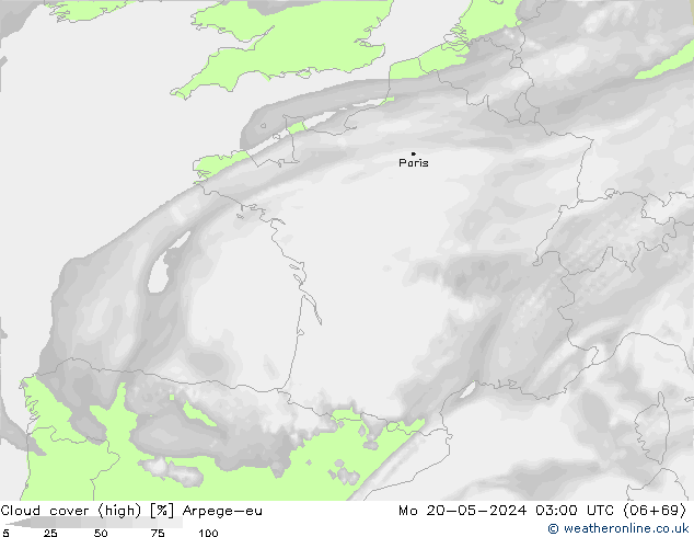 Cloud cover (high) Arpege-eu Mo 20.05.2024 03 UTC