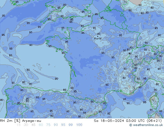 Humidité rel. 2m Arpege-eu sam 18.05.2024 03 UTC