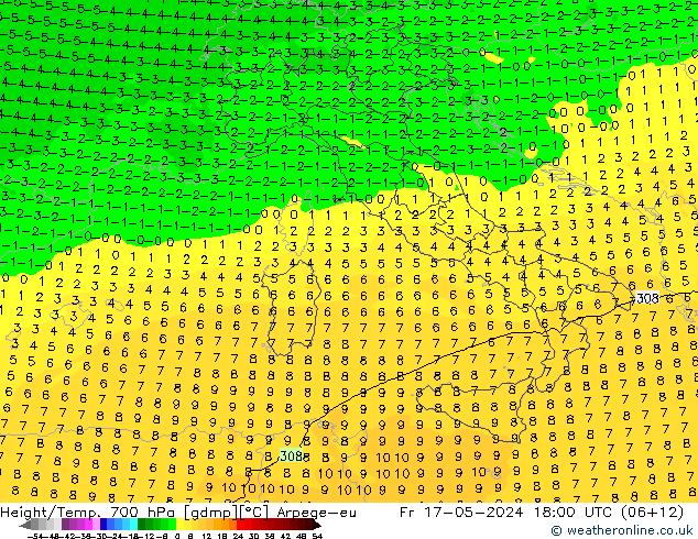 Height/Temp. 700 hPa Arpege-eu ven 17.05.2024 18 UTC