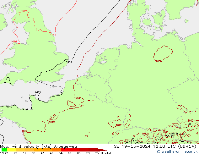 Max. wind velocity Arpege-eu Su 19.05.2024 12 UTC