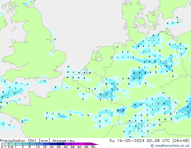 Precipitation (6h) Arpege-eu Su 19.05.2024 06 UTC