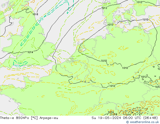 Theta-e 850hPa Arpege-eu dim 19.05.2024 06 UTC