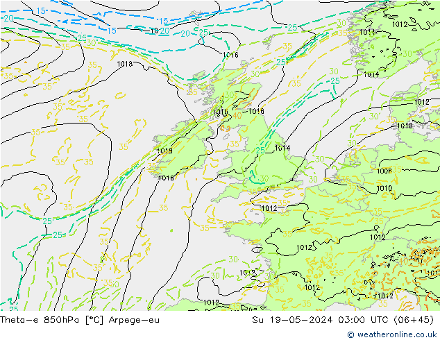 Theta-e 850hPa Arpege-eu Paz 19.05.2024 03 UTC
