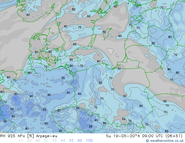 RH 925 hPa Arpege-eu Ne 19.05.2024 09 UTC