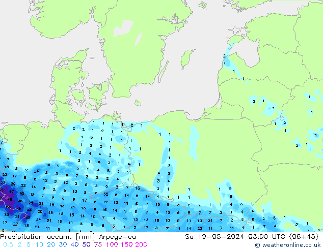 Precipitation accum. Arpege-eu nie. 19.05.2024 03 UTC