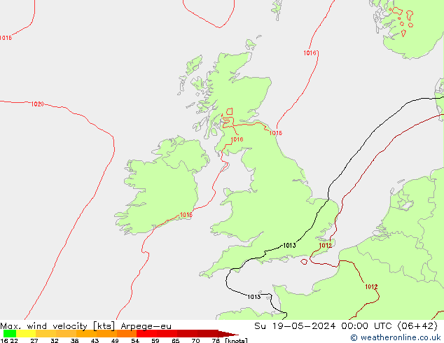 Max. wind velocity Arpege-eu Su 19.05.2024 00 UTC