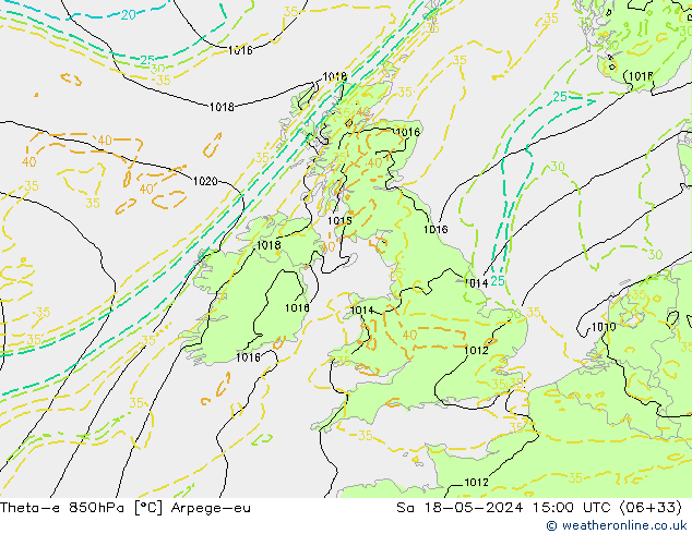 Theta-e 850hPa Arpege-eu So 18.05.2024 15 UTC