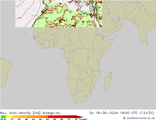 Max. wind velocity Arpege-eu сб 18.05.2024 18 UTC