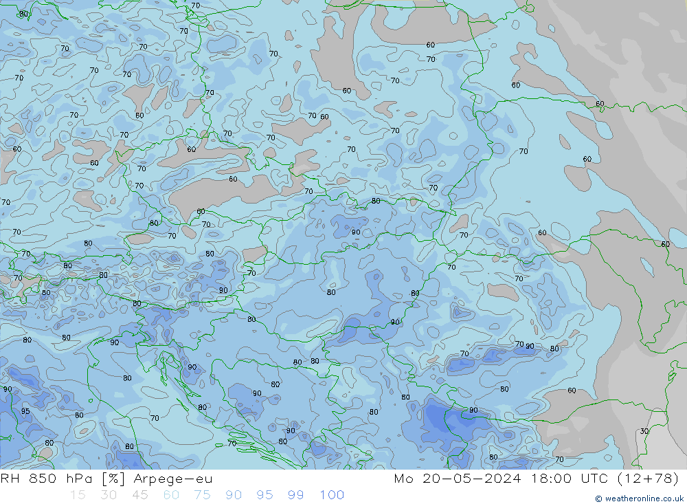 Humidité rel. 850 hPa Arpege-eu lun 20.05.2024 18 UTC