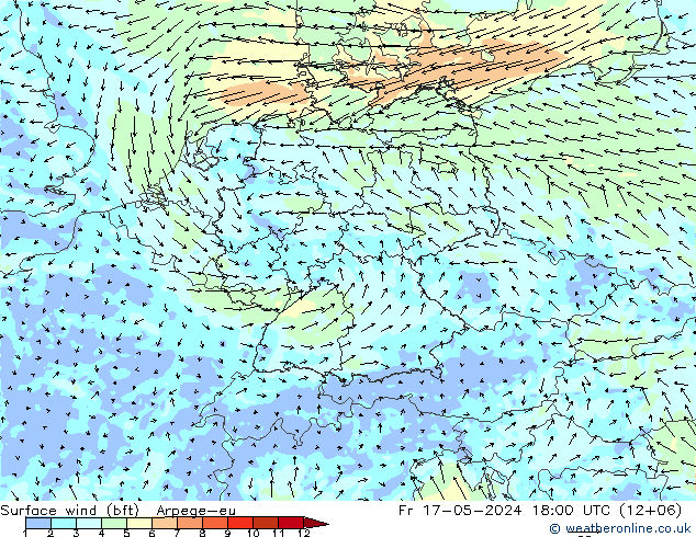 Surface wind (bft) Arpege-eu Fr 17.05.2024 18 UTC