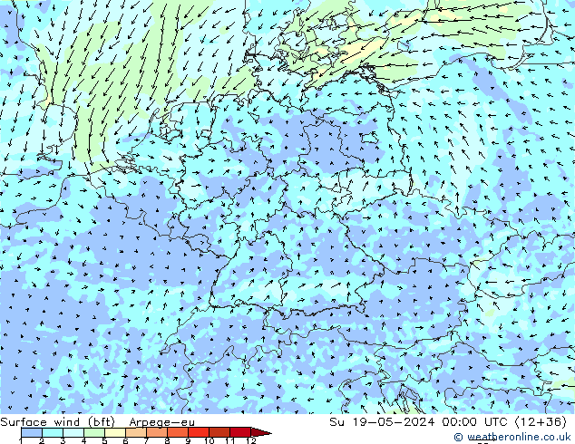 Surface wind (bft) Arpege-eu Su 19.05.2024 00 UTC