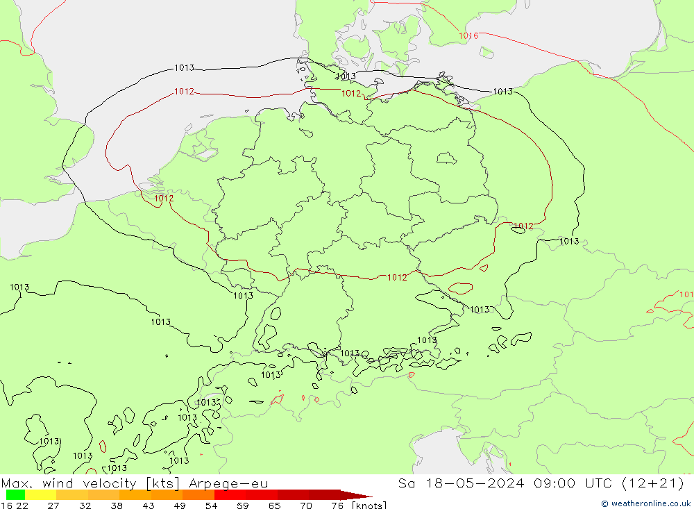 Max. wind velocity Arpege-eu So 18.05.2024 09 UTC