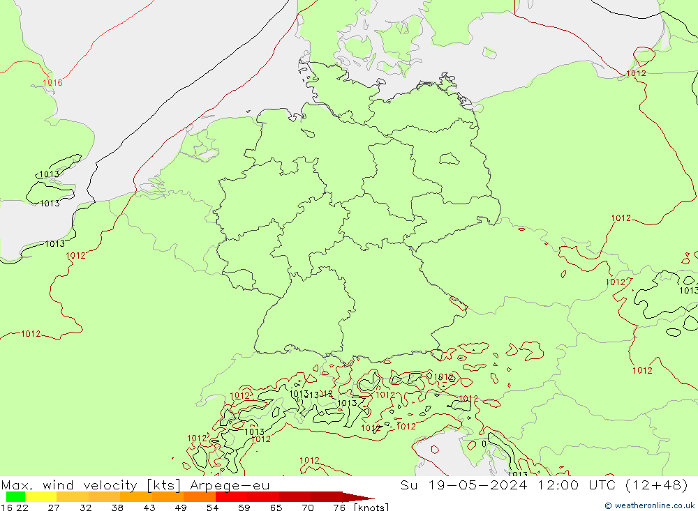 Max. wind velocity Arpege-eu Su 19.05.2024 12 UTC