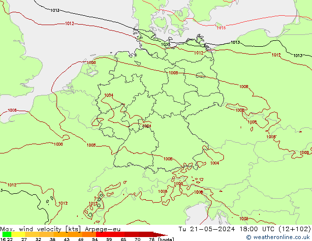 Max. wind velocity Arpege-eu  21.05.2024 18 UTC