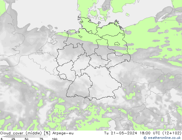 Cloud cover (middle) Arpege-eu Tu 21.05.2024 18 UTC