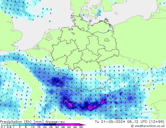 Precipitazione (6h) Arpege-eu mar 21.05.2024 12 UTC