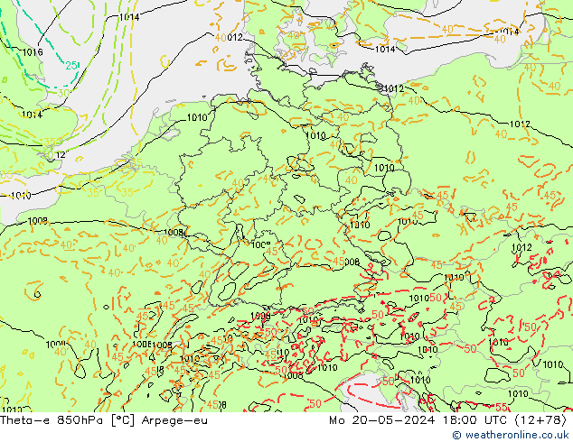 Theta-e 850hPa Arpege-eu lun 20.05.2024 18 UTC