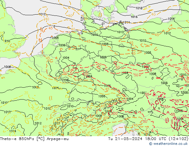 Theta-e 850hPa Arpege-eu di 21.05.2024 18 UTC
