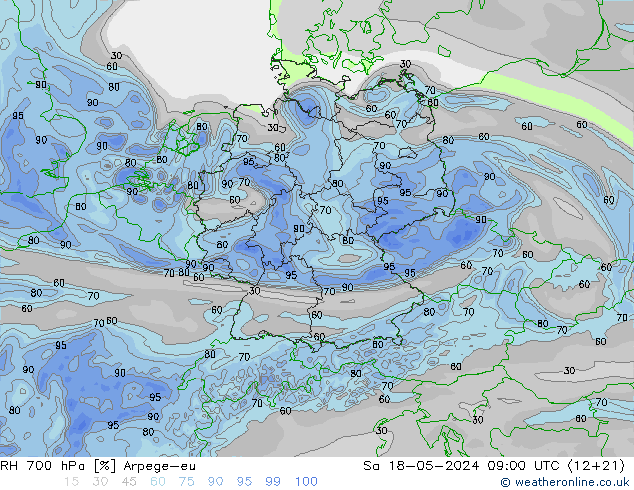 RH 700 hPa Arpege-eu Sa 18.05.2024 09 UTC