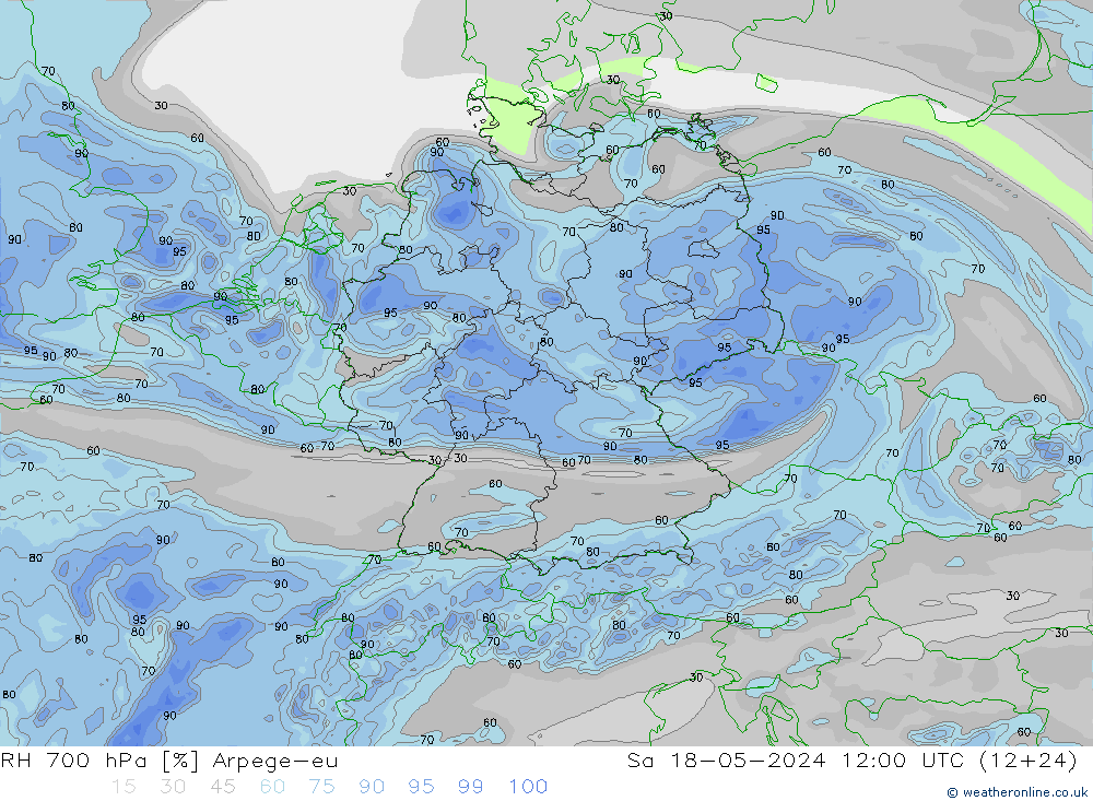 RH 700 hPa Arpege-eu 星期六 18.05.2024 12 UTC