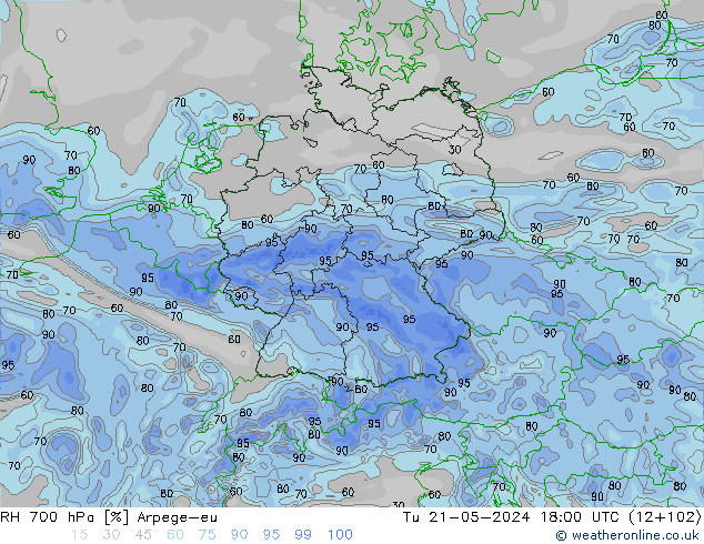 Humidité rel. 700 hPa Arpege-eu mar 21.05.2024 18 UTC