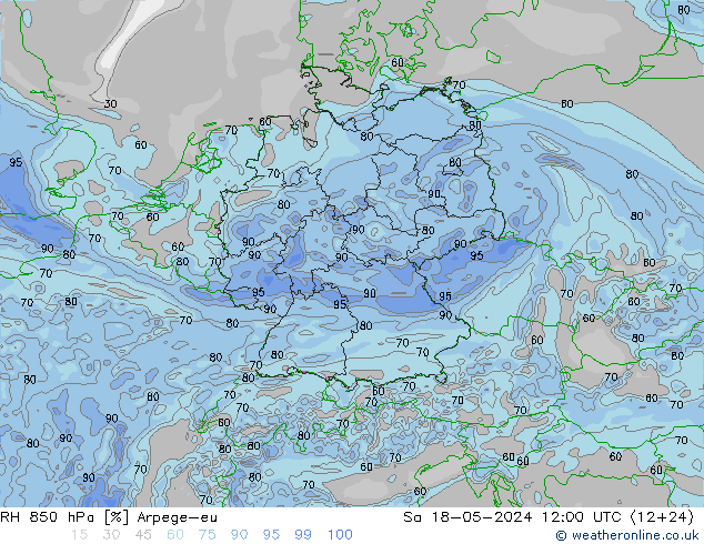 RH 850 hPa Arpege-eu 星期六 18.05.2024 12 UTC