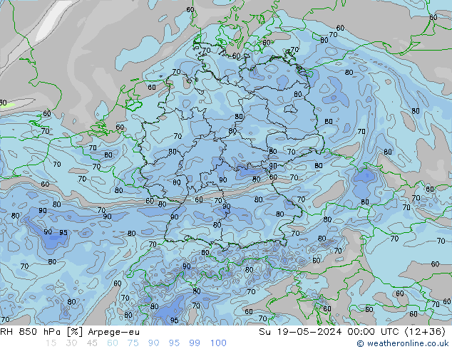 RH 850 гПа Arpege-eu Вс 19.05.2024 00 UTC
