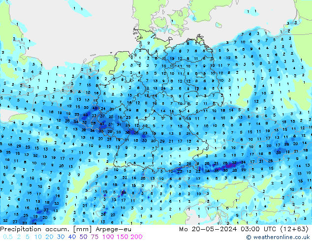 Precipitation accum. Arpege-eu Mo 20.05.2024 03 UTC