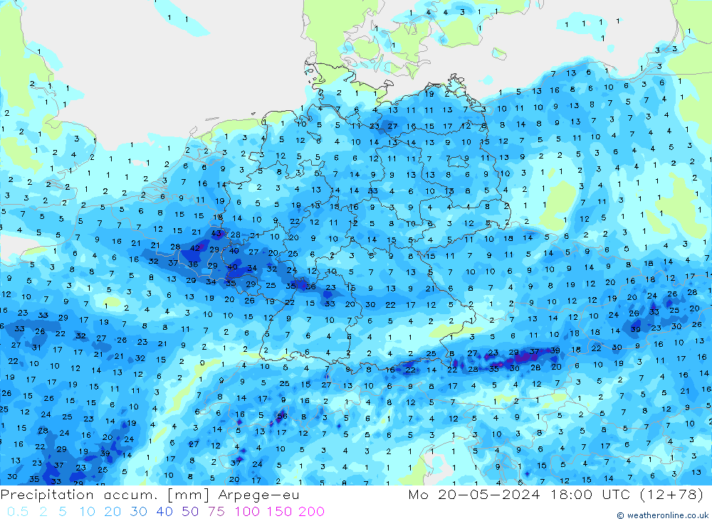 Totale neerslag Arpege-eu ma 20.05.2024 18 UTC