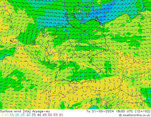 Surface wind Arpege-eu Út 21.05.2024 18 UTC