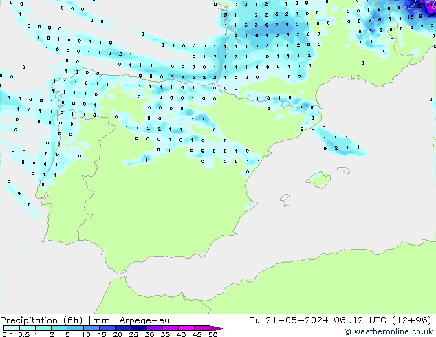 Precipitación (6h) Arpege-eu mar 21.05.2024 12 UTC