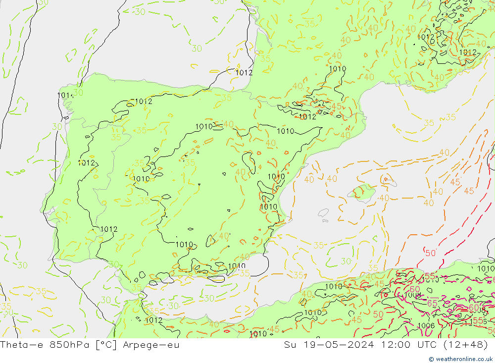 Theta-e 850hPa Arpege-eu Ne 19.05.2024 12 UTC