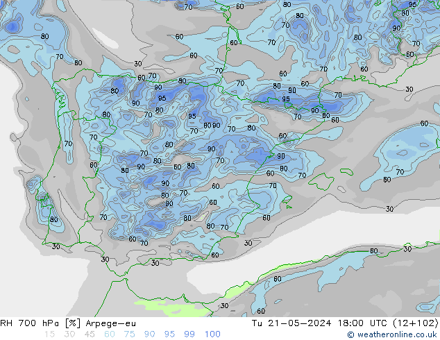 RH 700 hPa Arpege-eu Tu 21.05.2024 18 UTC