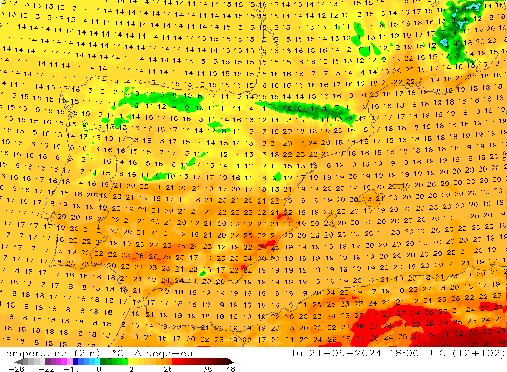 Temperatuurkaart (2m) Arpege-eu di 21.05.2024 18 UTC