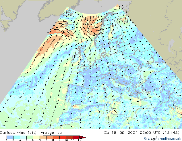 Wind 10 m (bft) Arpege-eu zo 19.05.2024 06 UTC